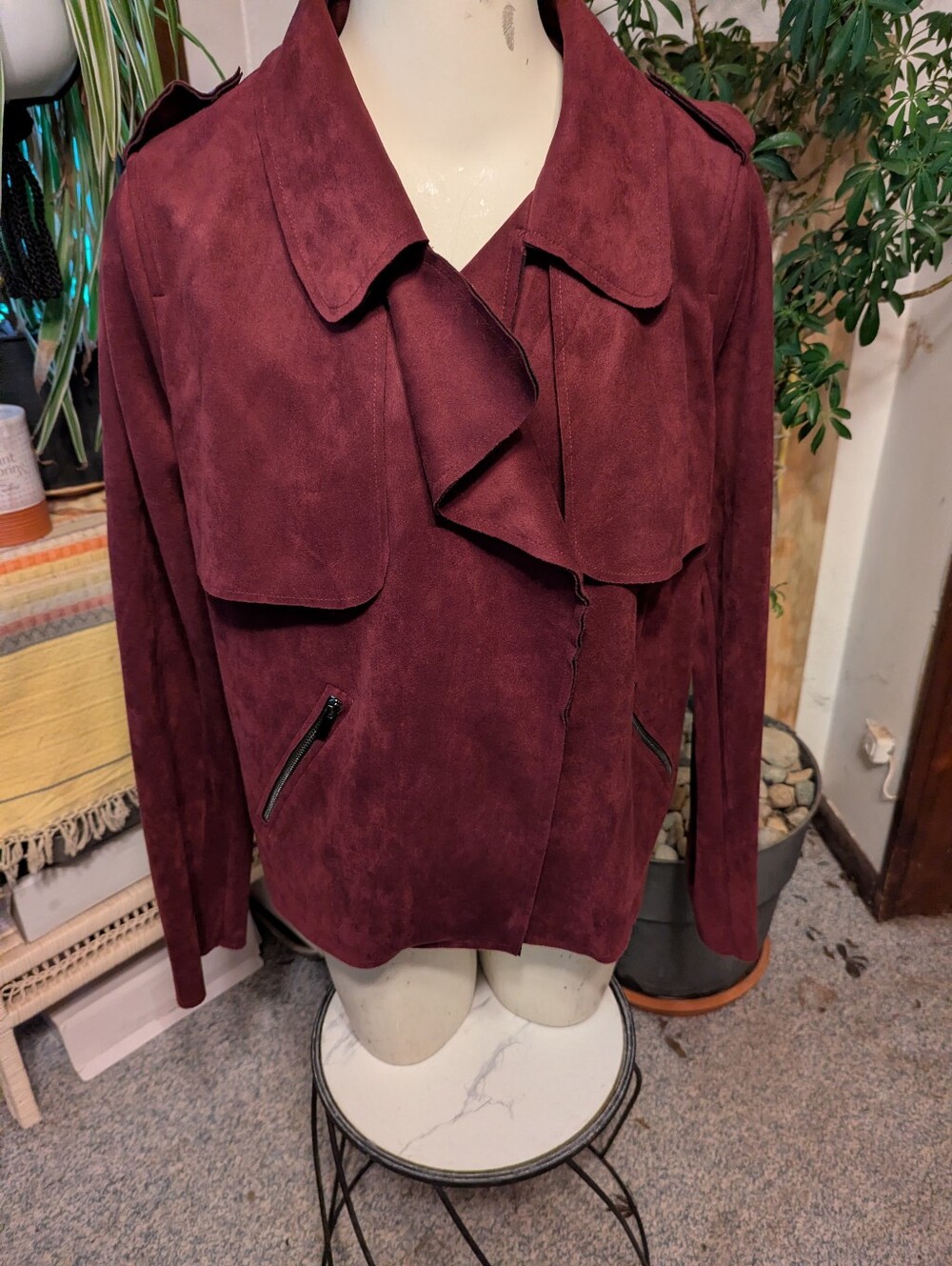 NWT Kut From the Kloth Burgundy Faux Suede Open Front Trench Crop Jacket Sz xL
